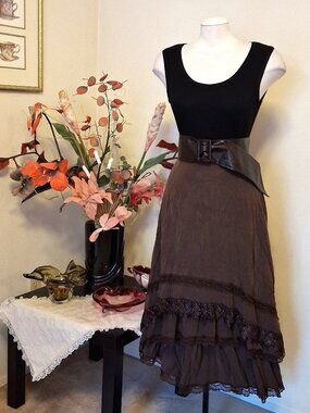 New Quality Brown Flowy Swing Midi Skirts 3-Layers Lace Ruffle Tiered Skirt 12